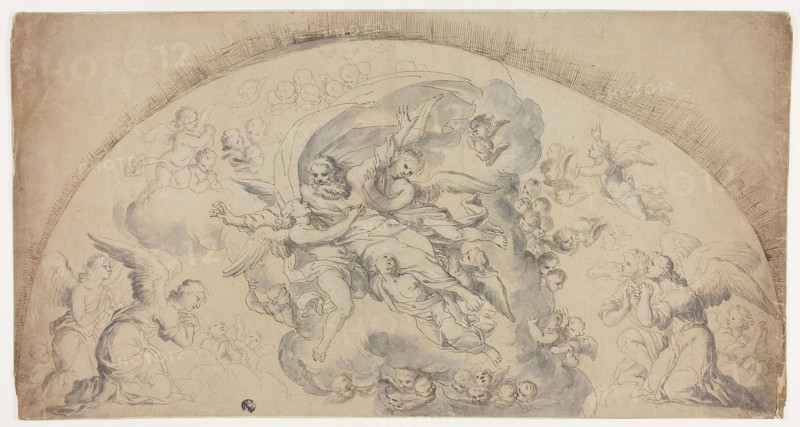 God the Father in Glory, n.d., Possibly after Pietro Testa (Italian, 1611/12-1650), or after Jacques Stella (French, 1596-1657), Italy, Pen and brown ink with brush and gray wash,  heightened with white gouache, on tan laid paper, laid down on cream laid paper, 288 x 550 mm