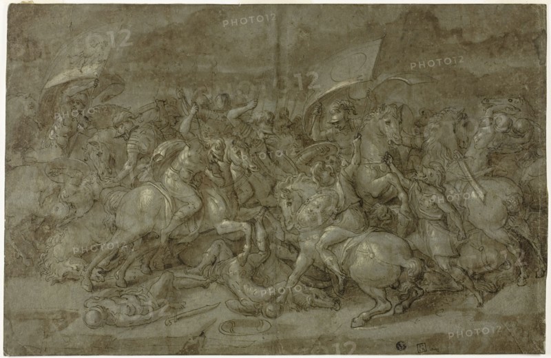 Battle between Romans and Barbarians, n.d., Italian, Veronese, Late 16th century, Italy, Pen and brown ink with brush and brown wash, and touches of graphite, heightened with lead white, on blue laid paper, laid down on ivory laid paper, 364 x 557 mm