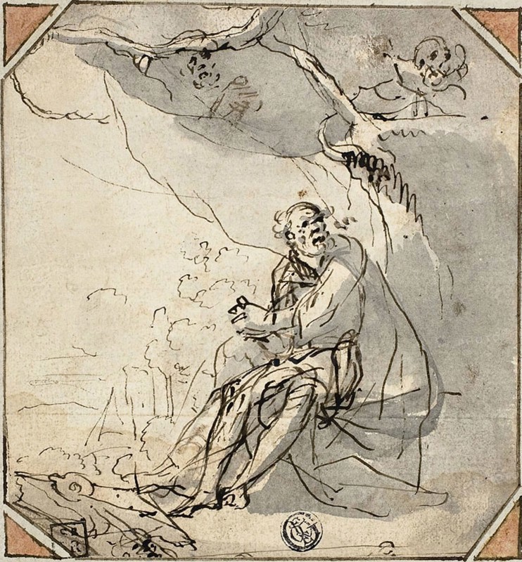 Hermit Saint in Cave, n.d., Unknown Artist, Italian, 17th century, Italy, Pen and brown ink, with brush and gray wash, on ivory laid paper, laid down on off-white laid paper, 135 × 125 mm, Numa Pompilius Giving the Laws to the Romans, n.d., Possibly Giovanni Battista Galestruzzi (Italian, 1615-c. 1669), after Polidoro Caldara, called Polidoro da Caravaggio (Italian, c. 1499-1543), Italy, Pen and brown ink, with brush and brown wash, heightened with lead white (discolored) and touches of pink gouache, on blue laid paper, laid down on ivory laid paper, 223 x 303 mm