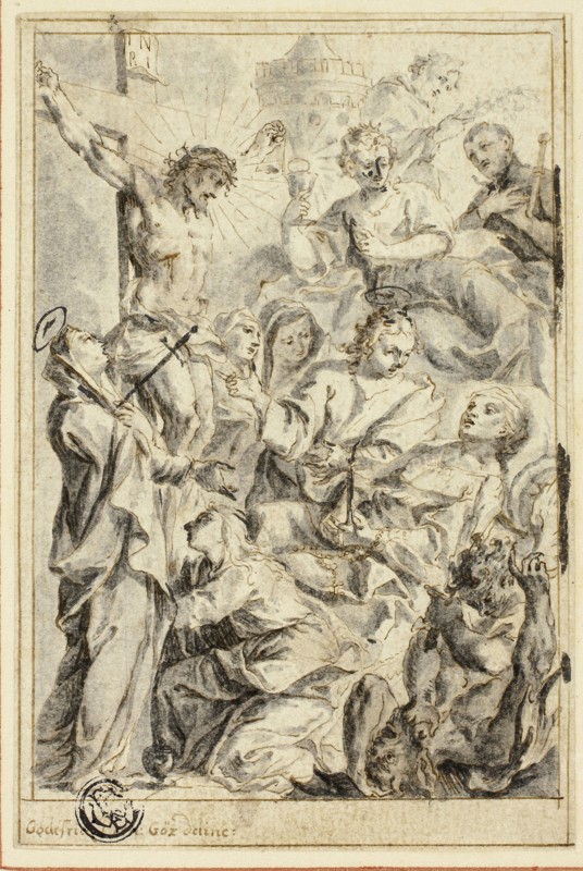 Dying Man Being Consoled by Christ on the Cross, Virgin and Saints, n.d., Gottfried Bernhard Goetz, German, 1708-1774, Germany, Pen and brown ink, with brush and gray and black wash, later additions in pen and black ink and heightened with touches of lead white (discolored) on ivory laid paper, mounted on cream wove paper, 126 × 85 mm