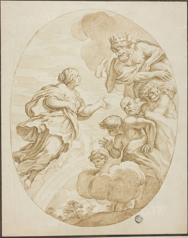Juno, Zeus and Aeolus, n.d., after Pietro da Cortona, Italian, 1596-1669, Italy, Pen and brown ink, on ivory laid paper, laid down on ivory laid paper, 290 × 230 mm