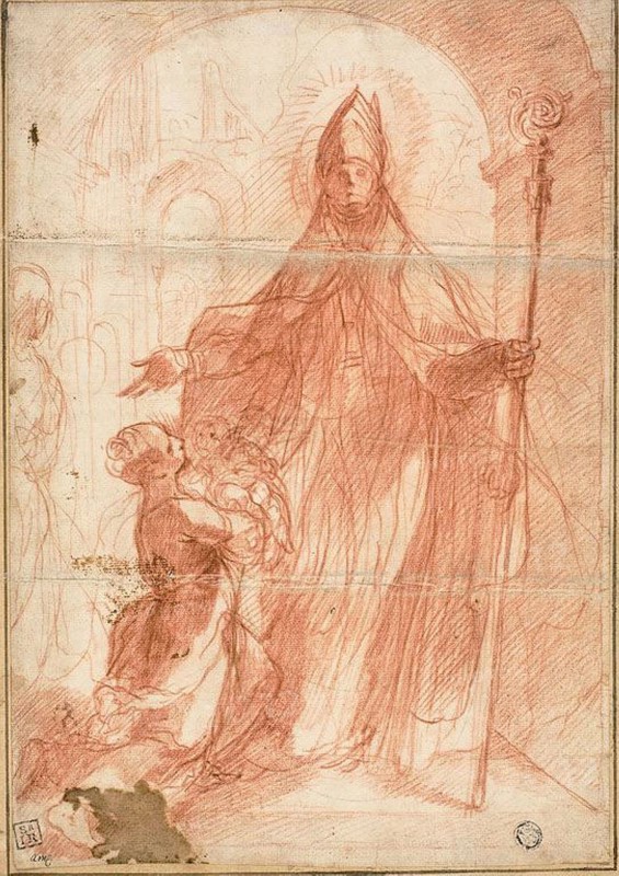 Bishop Saint Blessing a Mother and Child, 1575/1600, Attributed to Alessandro Casolani, Italian, 1552/53-1607, Italy, Red chalk, with traces of graphite, on ivory laid paper, laid down on ivory laid paper, 292 × 203 mm (max.)