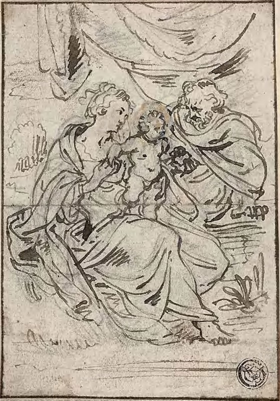 Holy Family, n.d., Attributed to Johann Boeckhorst (Flemish, 1605-1668), or Abraham Jansz. van Diepenbeeck (Flemish, 1596-1675), or circle of Peter Paul Rubens (Flemish, 1577-1640), Flanders, Pen and brown ink, with graphite, heightened with ochre and white gouache, on ivory laid paper, tipped onto cream laid paper, 130 × 90 mm