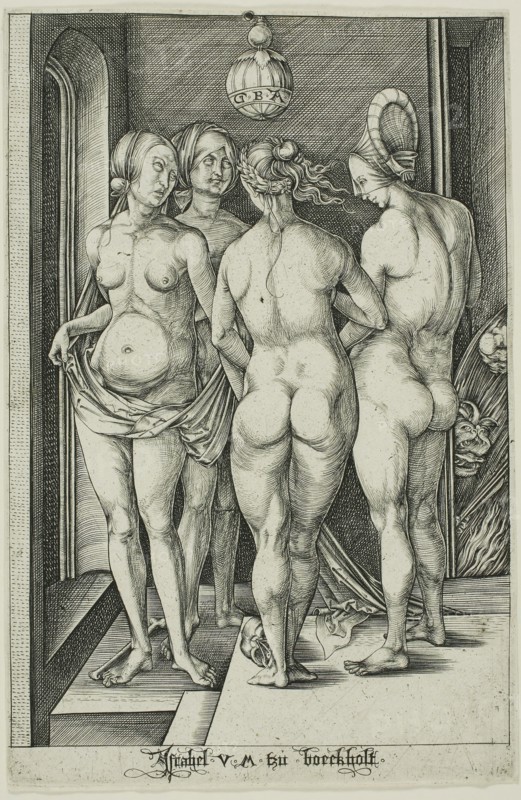 The Four Witches, after 1497, Israhel van Meckenem the Younger, German, c. 1440/45-1503, Germany, Engraving in black on ivory laid paper, 204 x 133 mm