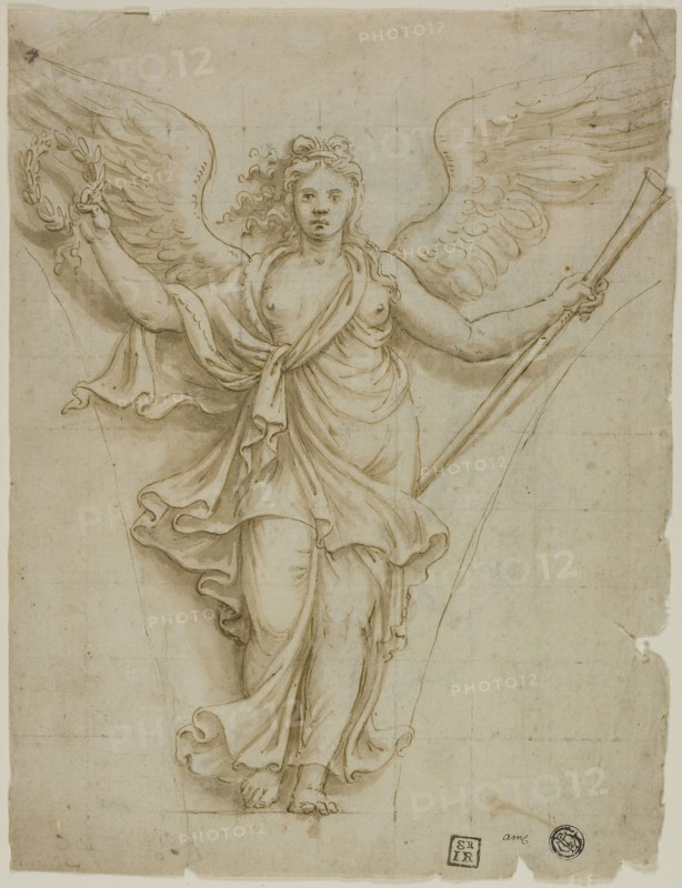 Spandrel Design with Allegorical Figure of Fame (recto), Design for Coat of Arms (verso), c. 1532, Workshop of Giulio Pippi, called Giulio Romano, Italian, c. 1499-1546, Italy, Pen and brown ink with brush and brown wash (recto), and black chalk (verso), on ivory laid paper, recto squared in black chalk, 257 x 196 mm
