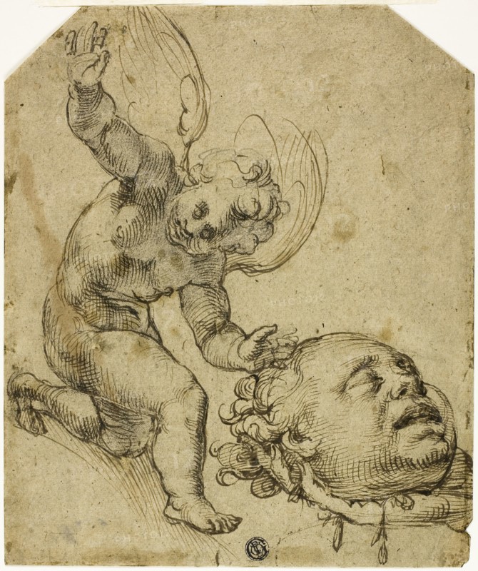 Two Sketches: Kneeling Putto Holding a Head (recto) Details of a Nude Male Child (verso), n.d., Bartolomeo Passarotti, Italian, 1529-1592, Italy, Pen and brown ink, with graphite, on buff laid paper, laid down on ivory wove paper, 242 × 203 mm