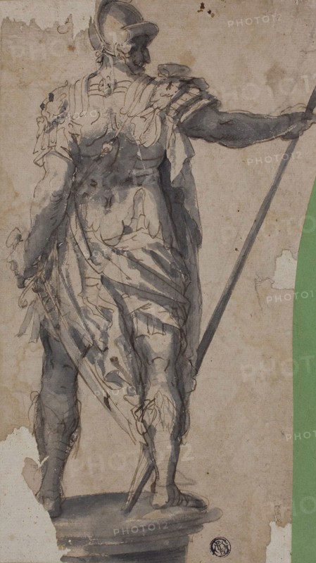Statue of Standing Warrior, from Rear, n.d., Follower of Francesco de’Rossi, called Salviati, Italian, 1510-1563, Flanders, Pen and brown ink with brush and gray wash, on tan laid paper, laid down on cream laid paper, 274 × 154 mm (ma×.)