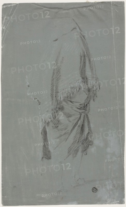 Shawled Woman Seen from the Back, n.d., Pierre-Jacques Volaire, French, 1729-1799, France, Black and white chalk, on gray prepared ground, on ivory laid paper, 358 × 218 mm
