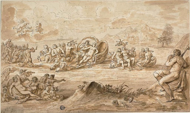 Acis and Galatea, n.d., Attributed to Crispin van den Broeck, Netherlandish, c. 1524-1590, Netherlands, Pen and black ink, with brush and brown wash, on ivory laid paper, laid down on ivory laid paper, 243 x 408 mm