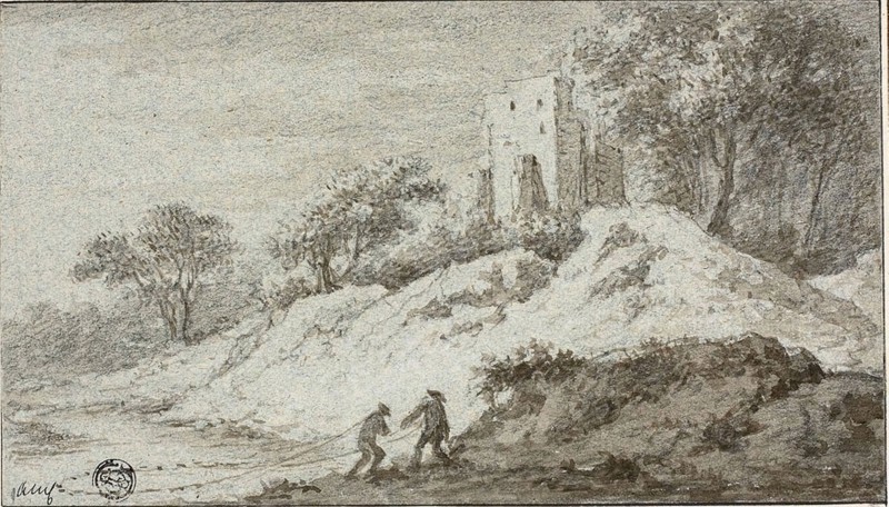 Landscape with Two Figures and Castle on Hill, n.d., Attributed to Allart van Everdingen, Dutch, 1621-1675, Holland, Brush and brown wash over black chalk on blue laid paper, laid down on card, 120 x 210 mm
