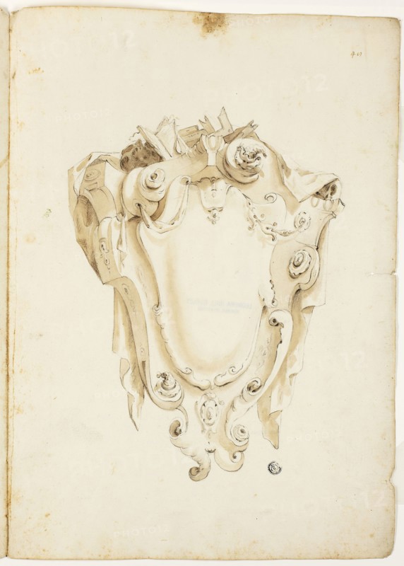 Design for Escutcheon, with Skulls and Books, n.d., Unknown Artist, possibly Italian or German, Italy, Black chalk and brush and brown wash on ivory laid paper, 405 x 580 mm