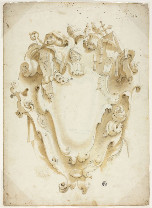 Design for Ecclesiastical Escutcheon, n.d., Unknown Artist, possibly Italian, Italy, Black chalk and brush and brown wash on ivory laid paper, 405 × 580 mm