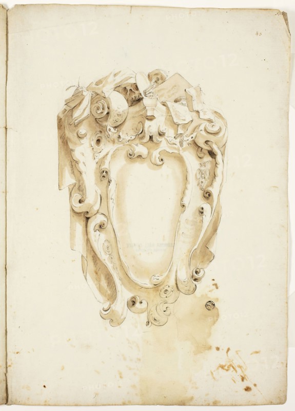 Design for Escutcheon, with Artist’s Instruments, n.d., Unknown Artist, possibly Italian, Italy, Black chalk and brush and brown wash on ivory  laid paper, 405 × 580 mm