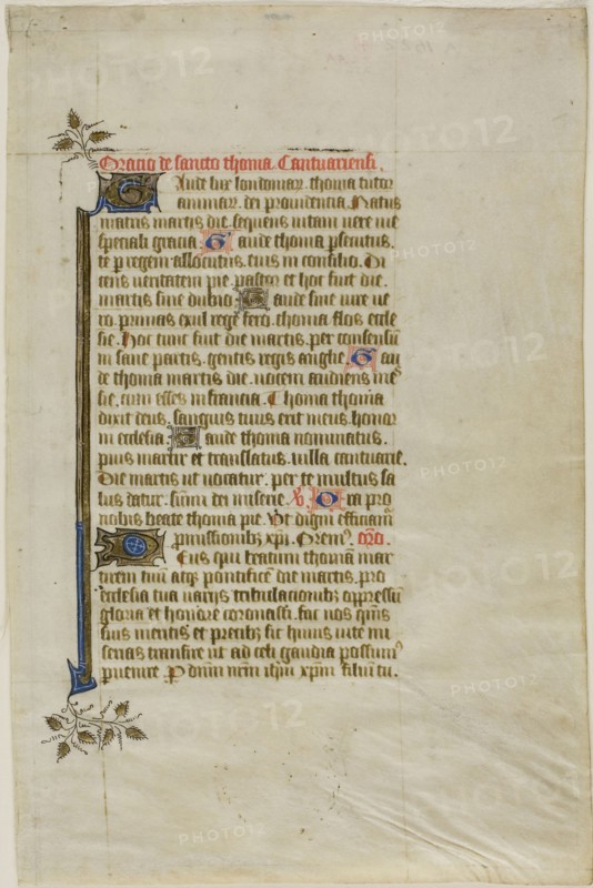 The Murder of Thomas Becket, page two, from a Book of Hours, 1430/40, Flemish (Bruges), Nicolas Brouwer (Flemish, active c. 1420-c. 1450), Flanders, Manuscript cutting with tempera and gold leaf, and pen and black ink, and with Latin inscriptions in light brown and red inks, ruled in light brown ink, on parchment, 237 × 156 mm