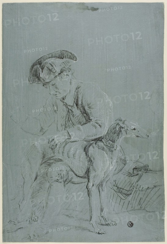 Seated Man with Dog, n.d., Possibly Pierre-Jacques Volaire, French, 1729-1799, France, Black and white chalk, on blue-gray prepared ground, on ivory laid paper, 388 × 262 mm