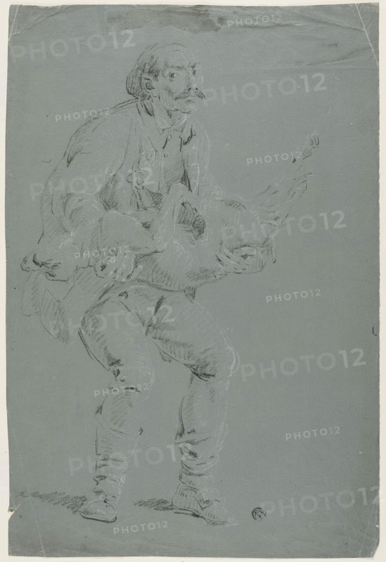 Man Carrying a Dead Dog, n.d., Pierre-Jacques Volaire, French, 1729-1799, France, Black and white chalk, on blue-gray prepared ground, on ivory laid paper, 390 × 263 mm