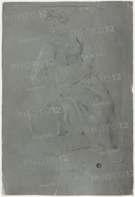 Seated Woman, n.d., Pierre-Jacques Volaire, French, 1729-1799, France, Black and white chalk, on gray prepared ground, on ivory laid paper, 390 × 264 mm