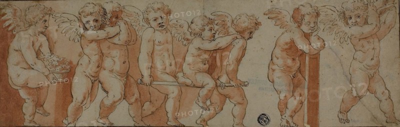 Frieze with Eight Putti, n.d., After Polidoro Caldara, called Polidoro da Caravaggio, Italian, c. 1499-c. 1543, Italy, Pen and brown ink and brush and red chalk wash, on cream laid paper, 106 × 329 mm