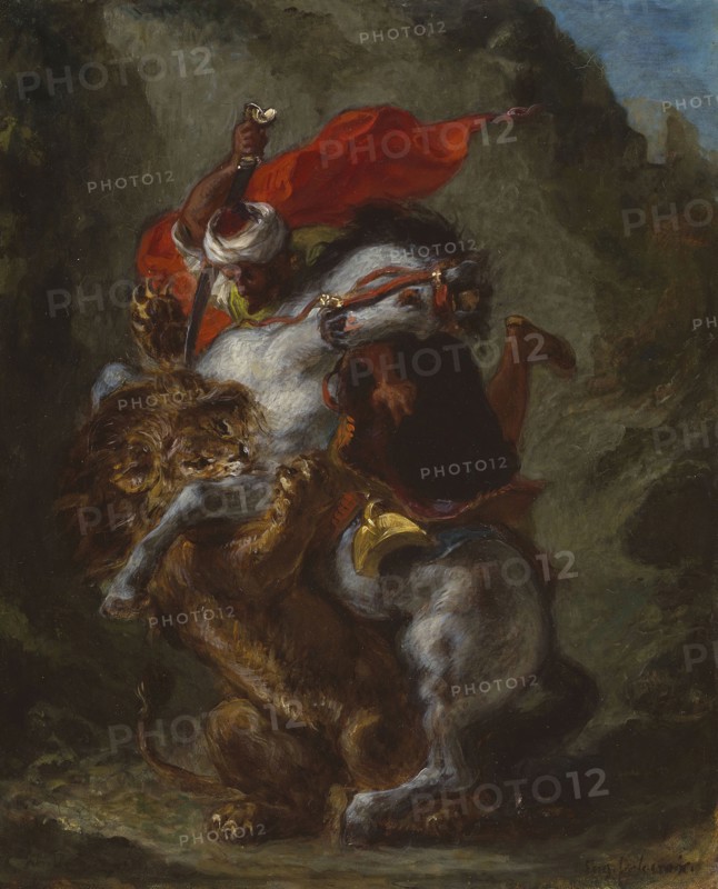 Arab Horseman Attacked by a Lion, 1849/50, Eugène Delacroix, French, 1798-1863, France, Oil on panel, 43.81 × 38.1 cm (17 1/4 × 15 in.)