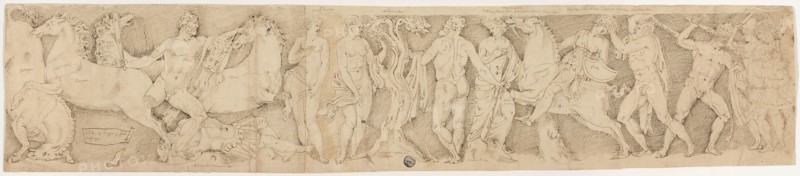 After the Antique: Sarcophagus Lid with the Labors of Hercules, n.d., Probably Italian, early 16th century, Italy, Pen and brown ink on tan laid paper, 144 x 683 mm