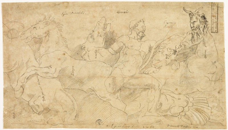 Ancient Relief with Hercules and the Mares of Diomedes (recto), Two Sketches: Draped Satyr and Winged Female Figure (verso), 1521/56, After Girolamo Sellari, called Girolamo da Carpi, Italian, 1501-1556, Italy, Pen and brown ink, with traces of red chalk (recto), and pen and brown ink (verso), on tan laid paper, 166 x 289 mm