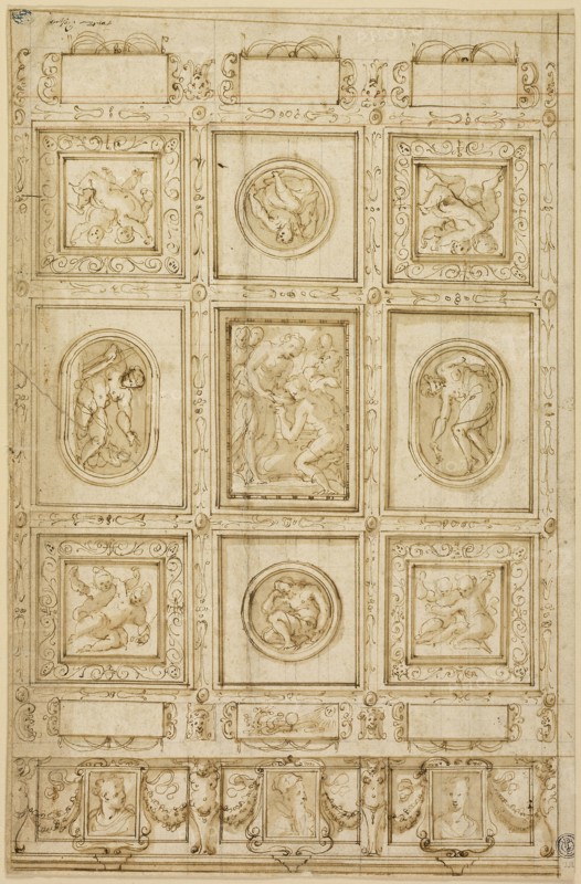Study for a Ceiling Decoration, with Rebecca and Eliezer at the Well (recto), Study for a Ceiling Decoration (verso), 1569/73, Giorgio Vasari, Italian, 1511-1574, Italy, Pen and brown ink, with brush and brown wash, on cream laid paper, squared in graphite and red chalk (recto and verso), 363 x 237 mm