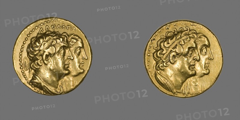 Tetradrachm (Coin) Portraying King Ptolemy II Philadelphos and Queen Arsinoe II, After 270 BC, issued by King Ptolemy II, reign of Ptolemy II and Arsinoe II, 285–247 BC, Greek, Egypt, Gold, Diam. 2.1 cm, 13.85 g