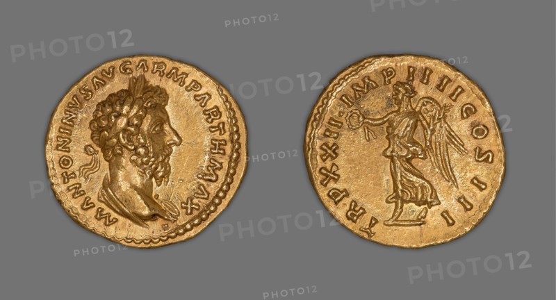 Aureus (Coin) Portraying Emperor Marcus Aurelius, 167 (December)/168 (December), issued by Marcus Aurelius and Lucius Verus, Roman, minted in Rome, Italy, Gold, Diam. 2 cm, 7.26 g