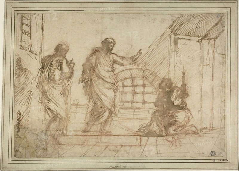 Saint Paul and the Jailer, n.d., Unknown Artist, Italian, 17th century, Italy, Pen and brown ink, with brush and brown wash and red chalk, on ivory laid paper, laid down on ivory laid card, 287 x 415 mm