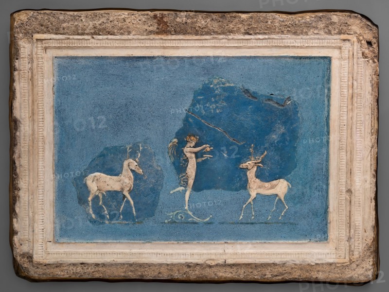 Relief Fragments Depicting a Winged Woman and Two Deer, Early 1st century AD, Roman, Monte Palatino, Stucco, pigment, and gold, 40.2 × 55 cm (15 7/8 × 21 5/8 in.)