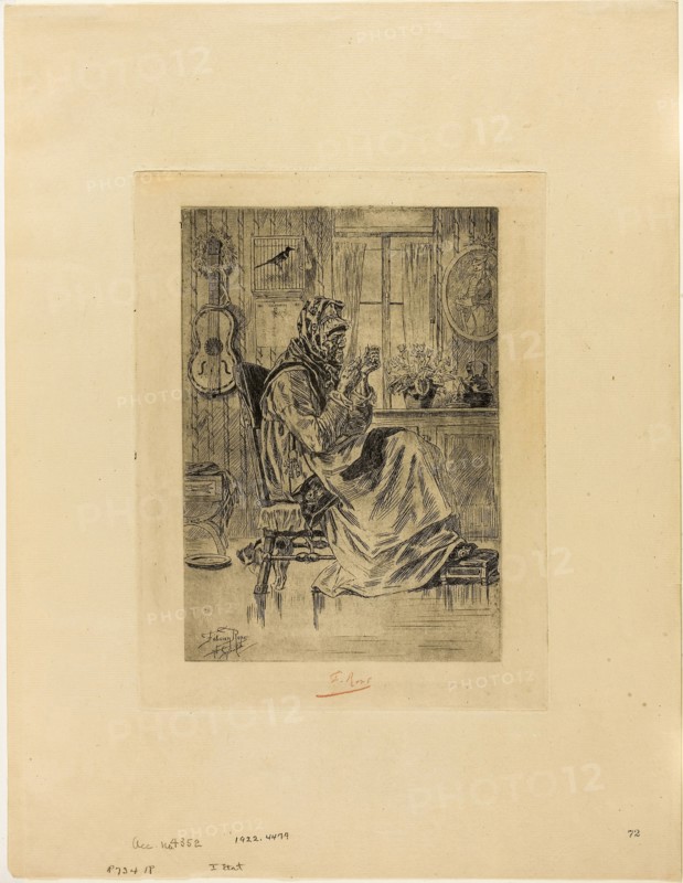 Old Woman with a Needle, September 1876, Félicien Rops, Belgian, 1833-1898, Belgium, Heliogravure on cream laid paper, 235 × 163 mm (image), 278 × 212 mm (plate), 451 × 347 mm (sheet)