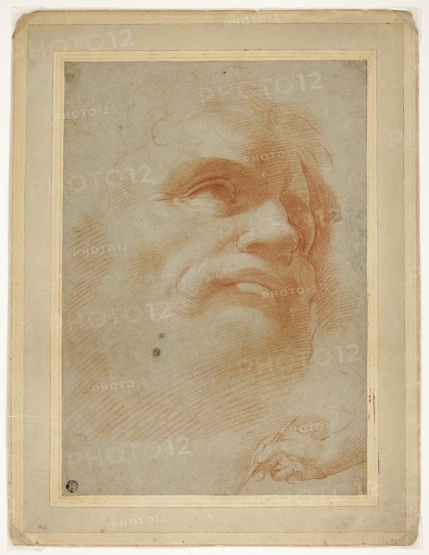 Male Head and Sketch of Right Hand Holding Stylus, 1520/24, After Antonio Allegri, called Correggio, Italian, 1489?-1534, Italy, Red chalk on blue laid paper, laid down on cream laid card, 352 x 247 mm