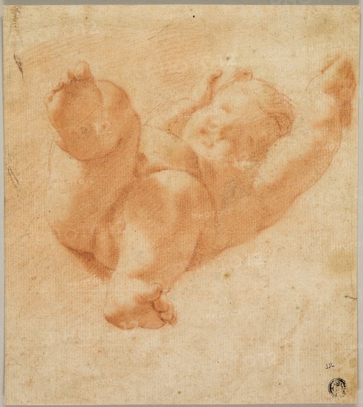 Foreshortened Putto, 1522/30, After Antonio Allegri, called Correggio, Italian, 1489-1534, Italy, Red chalk on buff laid paper, laid down on buff laid paper, 210 x 188 mm
