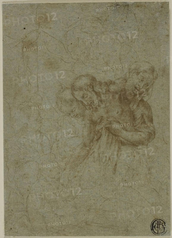 Dead Christ Supported by Holy Women and Angels, n.d., Circle of Lelio Orsi, Italian, 1508 or 1511–1587, Italy, Pen and brown ink on blue laid paper, laid down on ivory laid paper, 140 x 100 mm