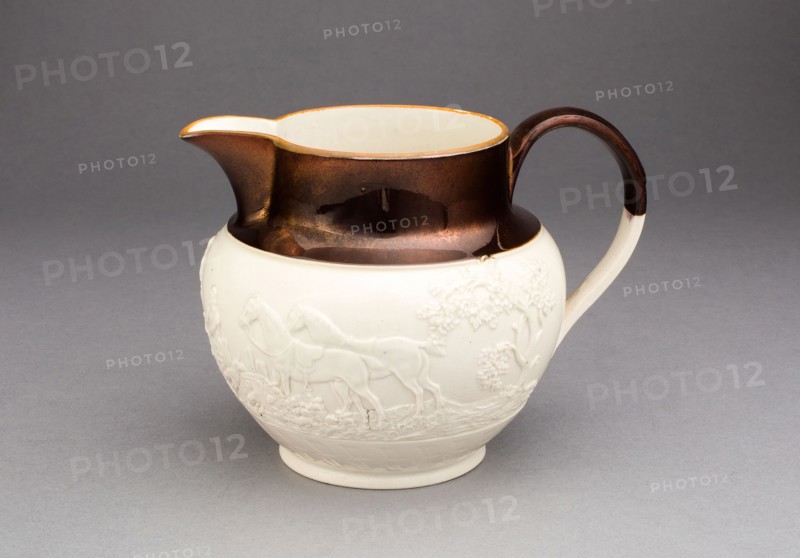 Pitcher, c. 1830, England, Staffordshire, Staffordshire, Earthenware with copper lustre decoration, 11 × 11.4 cm (4 5/16 × 4 1/2 in.)