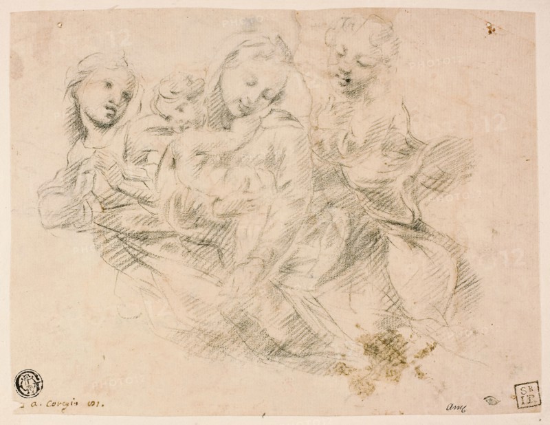 Madonna and Child with Two Angels, c. 1752, Attributed to Sir Joshua Reynolds (English, 1723-1792), or after Antonio Allegri, called Correggio (Italian, c. 1489-1534), Italy, Black chalk on ivory laid paper, laid down on ivory laid paper, 145 x 189 mm