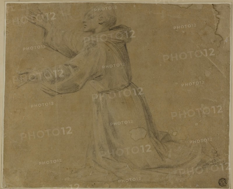 Kneeling Monastic Saint with Raised Arms, 1500/25, Circle of Giovanni Antonio Sogliani, Italian, 1492-1544, Italy, Black chalk heightened with traces of white chalk, on tan laid paper, tipped onto cream wove card, 210 x 257 mm