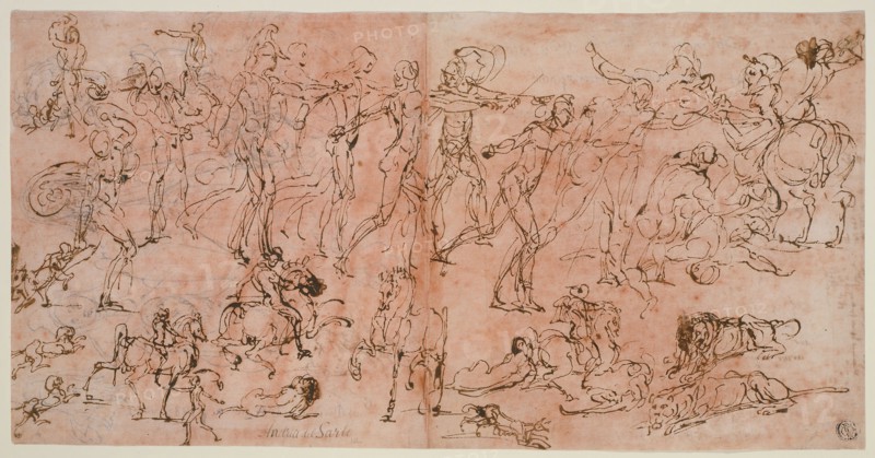 Studies of Warriors, Horsemen, and Lions (recto), Studies of Heads and Nude Figures, Ceiling Plan, and Inscriptions (verso), 1528/33, Pietro Buonaccorsi, called Perino del Vaga, Italian, 1501-1547, Italy, Pen and iron gall ink (recto) and pen and black and brown ink (verso), on ivory laid paper, prepared with a red chalk wash, 199 x 385 mm