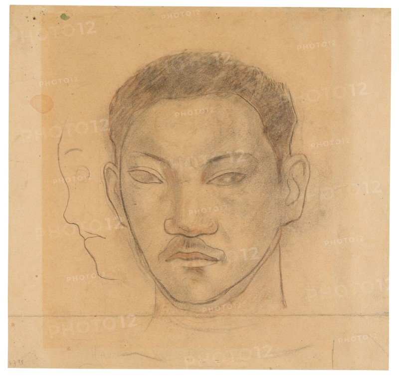 Head of a Tahitian with Profile of Second Head to His Right, 1891/93, Paul Gauguin, French, 1848-1903, France, Black and red chalk, selectively stumped, on cream wove paper, 352 × 369 mm