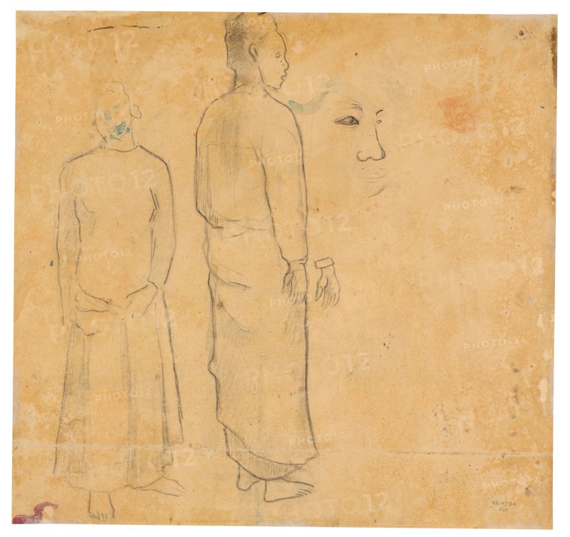 Two Figures (related to the painting Tahitian Landscape), 1891/93, Paul Gauguin, French, 1848-1903, France, Black chalk, with touches of watercolor and watercolor offset on cream wove paper, 352 × 369 mm