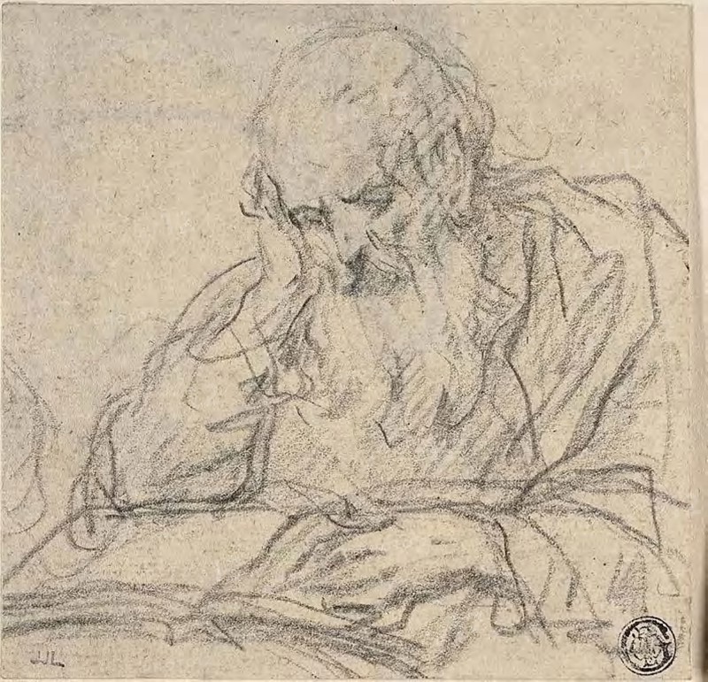 Saint Reading, n.d., Attributed to Baldassare Franceschini, called Volterrano, Italian, 1611–1690, Italy, Black chalk on cream laid paper, laid down on ivory wove paper, 119 x 121 mm