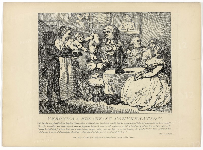 Veronica A Breakfast Conversation, from Boswell’s Tour of the Hebrides, 1786, Thomas Rowlandson, English, 1756-1827, England, Etching on paper, 275 × 380 mm (sheet)