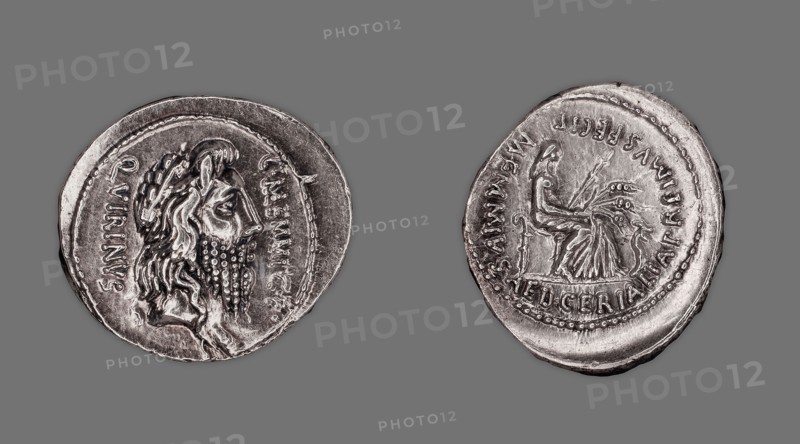 Denarius (Coin) Depicting the God Quirinus, 60 BC, issued by the Roman Republic, C. Memmius (moneyer), Roman, minted in Rome, Rome, Silver, Diam. 2.1 cm, 4.03 g