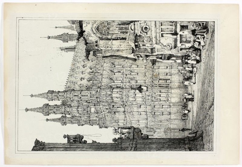 Hotel de Ville, Louvain, 1833, Samuel Prout (English, 1783-1852), probably printed by Charles Joseph Hullmandel (English, 1789-1850), probably published by Rudolph Ackermann (English, 1764-1834), England, Lithograph in black on grayish-ivory chine, laid down on ivory wove paper, 290 × 425 mm (image), 310 × 445 mm (primary support), 345 × 500 mm (secondary support)