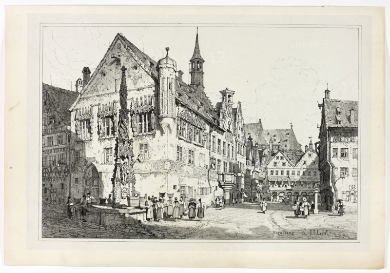 Rath Haus, Ulm, 1833, Samuel Prout (English, 1783-1852), probably printed by Charles Joseph Hullmandel (English, 1789-1850), probably published by Rudolph Ackermann (English, 1764-1834), England, Lithograph in black on grayish-ivory chine, laid down on ivory wove paper, 290 × 425 mm (image), 310 × 445 mm (primary support), 345 × 500 mm (secondary support)