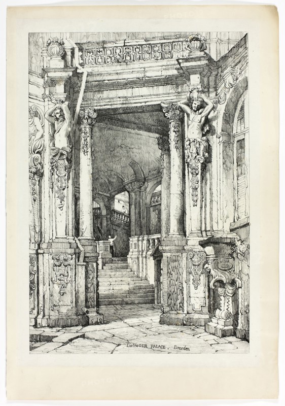 Zwinger Palace, Dresden, 1833, Samuel Prout (English, 1783-1852), probably printed by Charles Joseph Hullmandel (English, 1789-1850), probably published by Rudolph Ackermann (English, 1764-1834), England, Lithograph in black on grayish-ivory chine, laid down on ivory wove paper, 290 × 425 mm (image), 310 × 445 mm (primary support), 345 × 500 mm (secondary support)