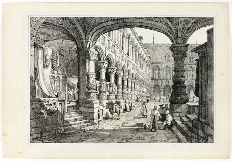 Palais du Prince, Liège, 1833, Samuel Prout (English, 1783-1852), probably printed by Charles Joseph Hullmandel (English, 1789-1850), probably published by Rudolph Ackermann (English, 1764-1834), England, Lithograph in black on grayish-ivory chine, laid down on ivory wove paper, 290 × 425 mm (image), 310 × 445 mm (primary support), 345 × 500 mm (secondary support)