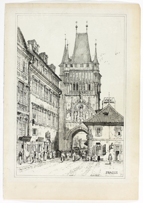 Prague, 1833, Samuel Prout (English, 1783-1852), probably printed by Charles Joseph Hullmandel (English, 1789-1850), probably published by Rudolph Ackermann (English, 1764-1834), England, Lithograph in black on grayish-ivory chine, laid down on ivory wove paper, 290 × 425 mm (image), 310 × 445 mm (primary support), 345 × 500 mm (secondary support)