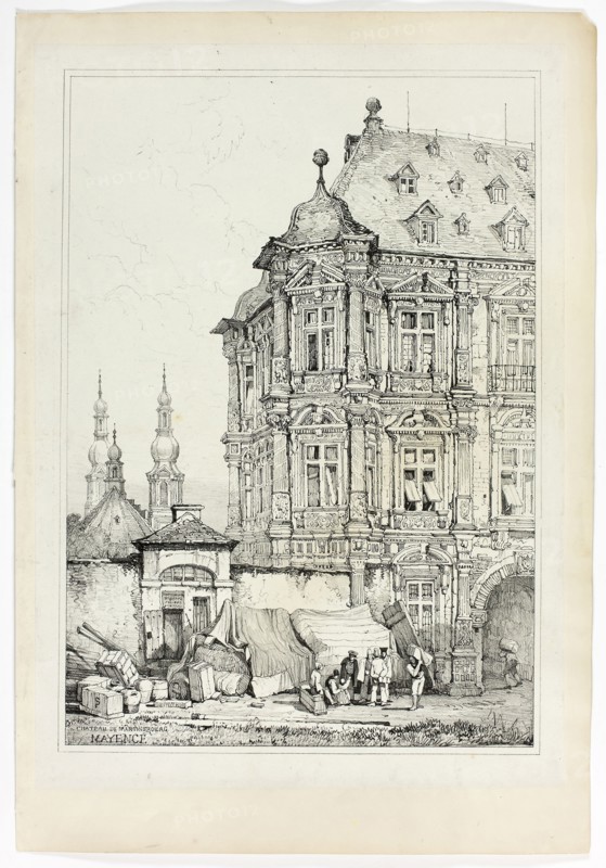 Chateau de Martinsbourg, Mayence, 1833, Samuel Prout (English, 1783-1852), probably printed by Charles Joseph Hullmandel (English, 1789-1850), probably published by Rudolph Ackermann (English, 1764-1834), England, Lithograph in black on grayish-ivory chine, laid down on ivory wove paper, 290 × 425 mm (image), 310 × 445 mm (primary support), 345 × 500 mm (secondary support)