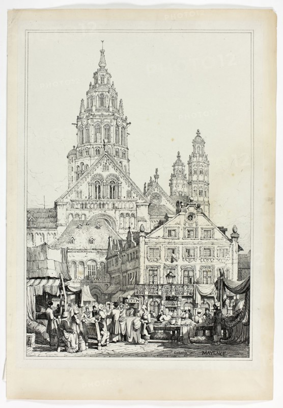 Cathedral at Mayence, 1833, Samuel Prout (English, 1783-1852), probably printed by Charles Joseph Hullmandel (English, 1789-1850), probably published by Rudolph Ackermann (English, 1764-1834), England, Lithograph in black on grayish-ivory chine, laid down on ivory wove paper, 290 × 425 mm (image), 310 × 445 mm (primary support), 345 × 500 mm (secondary support)